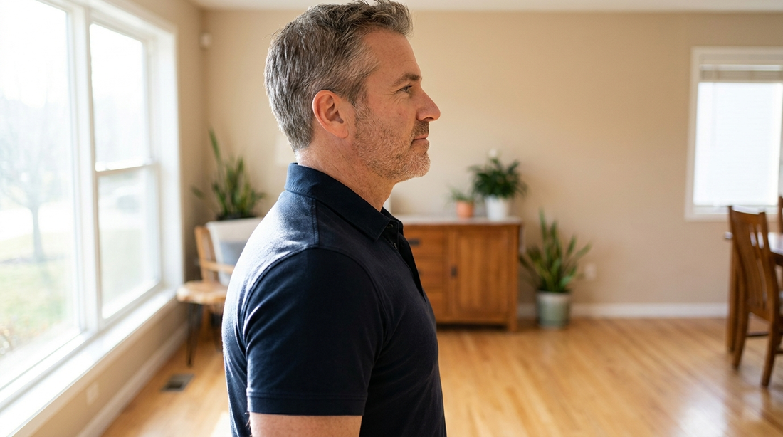 American man in his early 50s standing tall in a warm sunlit suburban living room, side profile, wearing a fitted navy polo shirt with shoulders pulled back