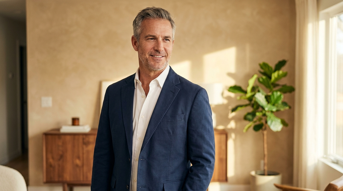 Confident American man in his 50s in a navy blazer over a white open-collar shirt, standing tall in a warm beige and walnut home interior with golden side light