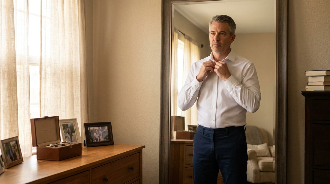 Man over 45 in white dress shirt looking in bedroom mirror, salt-and-pepper hair, warm wood furniture