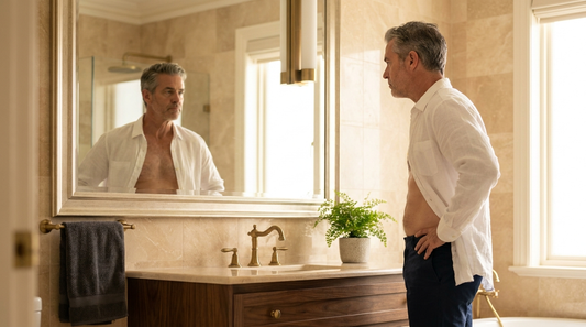 Man in his 50s standing in front of a warm-toned bathroom mirror, white shirt open, sucking in his stomach with quiet frustration