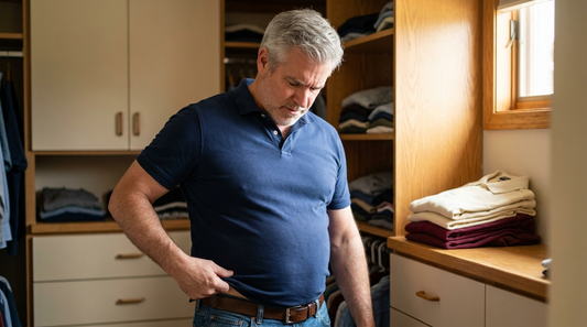 Man over 45 in a tight navy polo tugging at the hem in his suburban closet — the polo problem in one frame