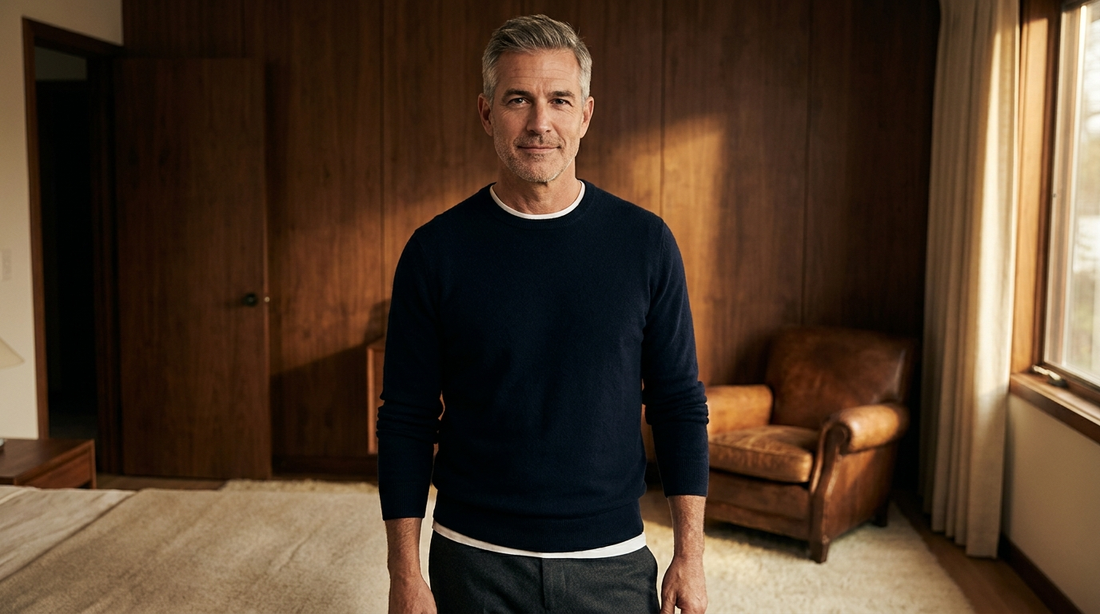 Confident salt-and-pepper man in his early fifties standing in a warm walnut-paneled room — looking younger through posture, not surgery
