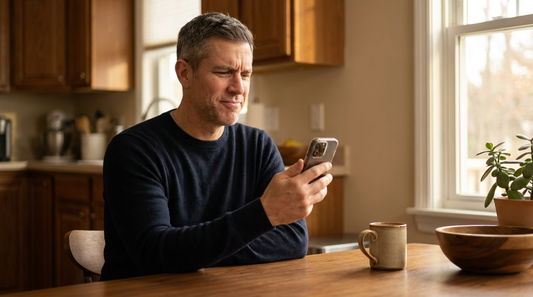 Man in his early 50s at a warm walnut kitchen table, slightly wincing while looking at a photo of himself on his phone