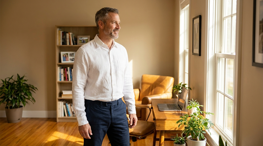 Confident American man in his 50s standing tall in a warm, sunlit home office wearing a white linen shirt and navy chinos