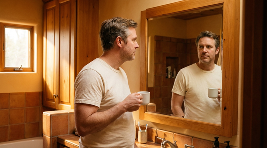 Man in his late 40s in a warm-lit bathroom holding a coffee mug, reflecting in a wooden mirror — slight dad-bod under cream t-shirt