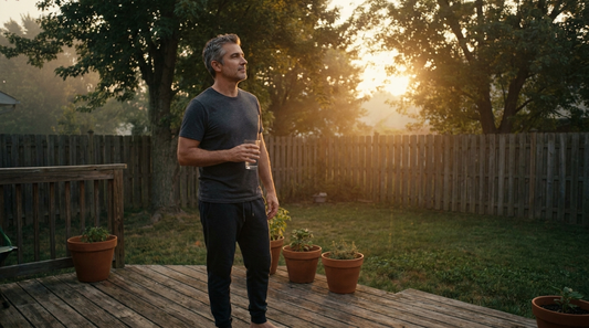 Man in his late 40s holding a glass of water on a sunlit wooden deck, starting his morning routine