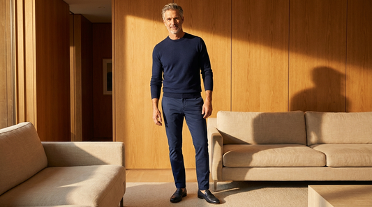 Middle-aged American man in a monochromatic navy outfit standing tall in a warm sunlit modern living space — Maynox style playbook for looking 10 pounds thinner without losing weight