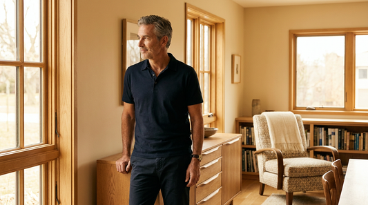 Mature American man in fitted dark polo standing tall by window in warm beige modern home
