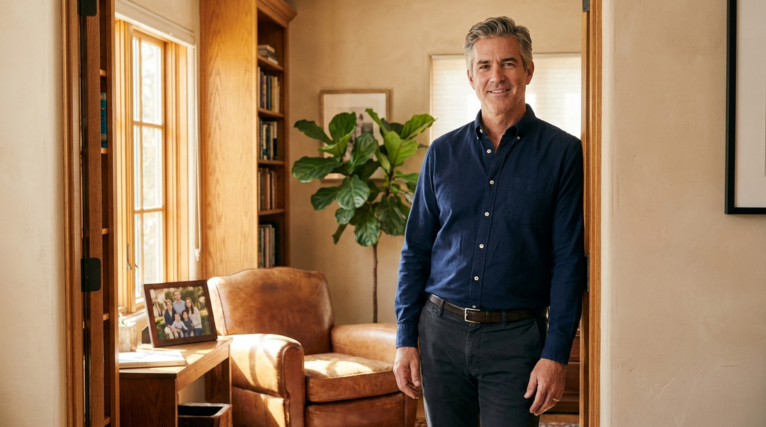 Mid-life man standing tall in warm sunlit home office, confident upright posture