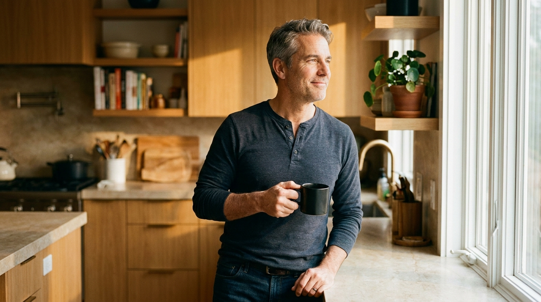 Middle-aged American man in warm sunlit kitchen, reflecting on middle-age weight gain
