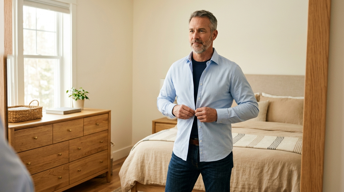 Man in a warm bedroom buttoning a light-blue dress shirt over a dark base layer, checking his midsection in the mirror