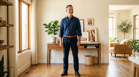 Confident man in his 50s standing tall in a warm, bright home