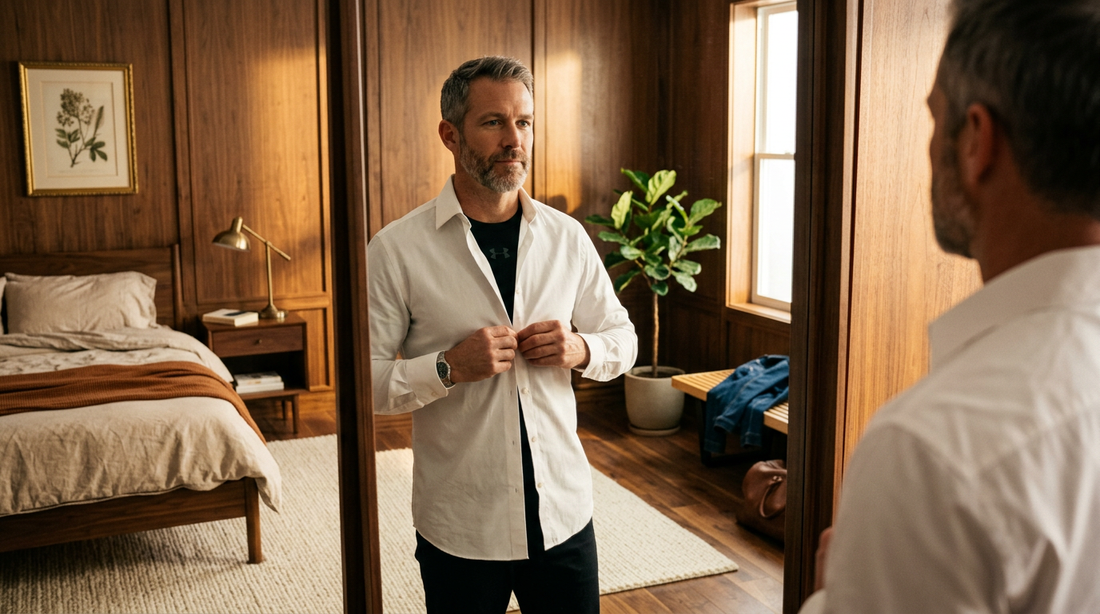 Confident man in his late 40s in a warm walnut-paneled bedroom, half-buttoning a white dress shirt over a black compression undershirt while looking in a full-length mirror — calm, thoughtful expression.