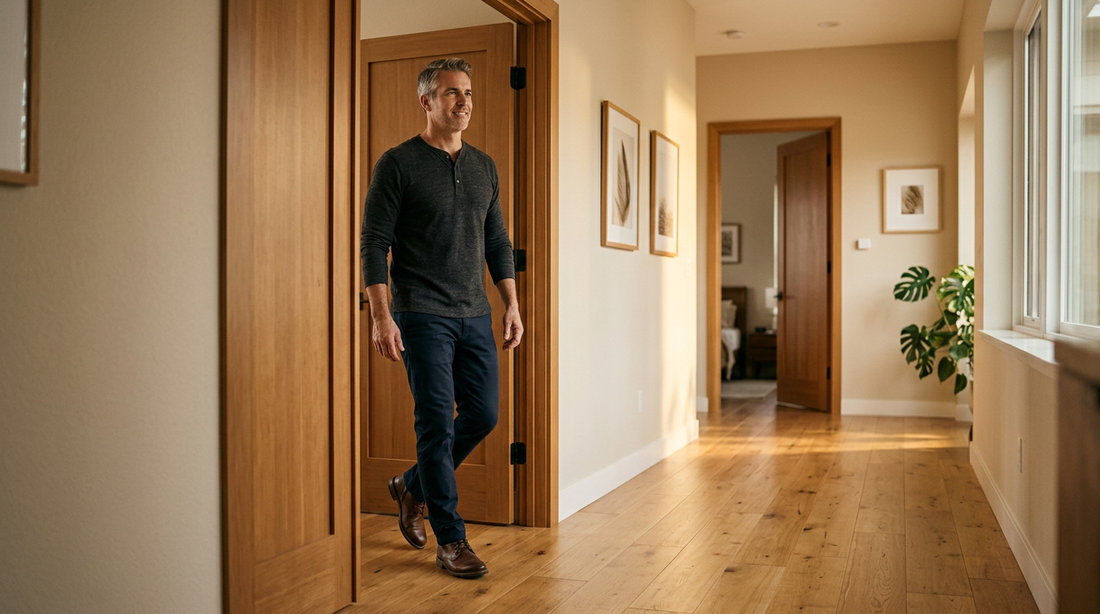 American man in his late 40s walking through a wooden doorway in a warm sunlit suburban hallway demonstrating tall upright posture