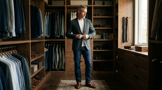 Confident American man in his 50s in a charcoal blazer and dark jeans in a warm wooden closet