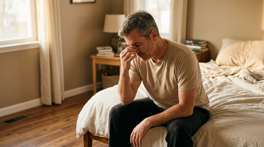 Tired American man in his late 40s sitting on the edge of a bed at sunrise — illustrating chronic fatigue at midlife
