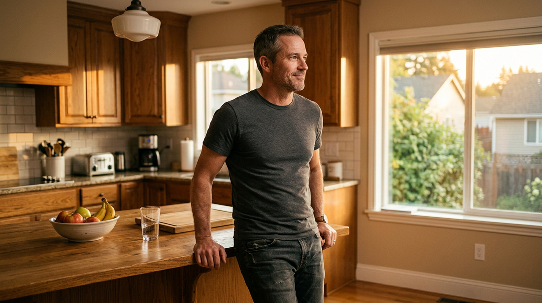 American man in his late 40s standing in a warm wood suburban kitchen, mid-conversation, considering how to reverse a dad bod
