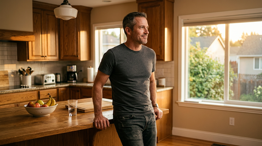 American man in his late 40s standing in a warm wood suburban kitchen, mid-conversation, considering how to reverse a dad bod