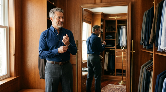 Man in his late 40s in a warm-toned wood-paneled walk-in closet, wearing a perfectly fitted navy oxford dress shirt full-tucked into charcoal trousers, adjusting his cuff in the mirror