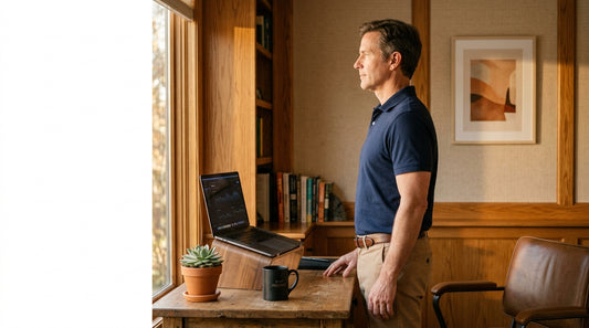 A 52-year-old man in a navy polo demonstrating upright posture at a warm wood-paneled home office desk