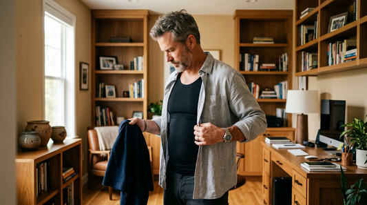 A confident man 40+ comparing two compression shirts in his home office — VitaBoost daily-wear vs. Under Armour athletic