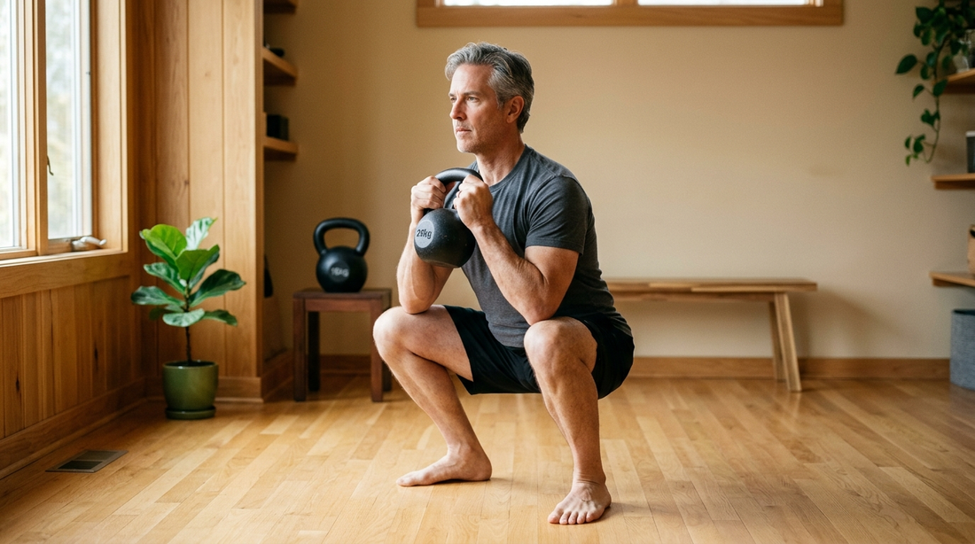 Man, 52, mid-goblet-squat in a sunlit warm-wood home gym — the 3-day sustainable workout plan for men over 50