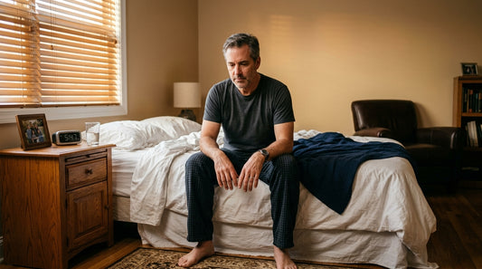 Man over 45 sitting on bed at 5:47 AM in warm-toned bedroom, reflecting the sleep–belly fat loop