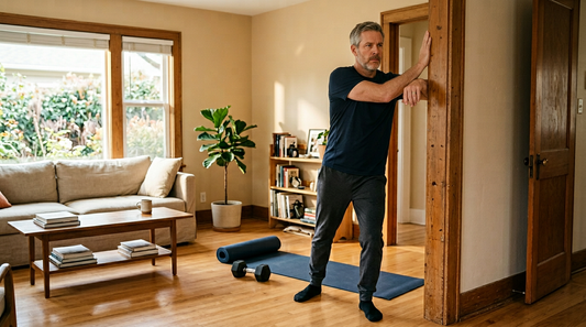 47-year-old man doing a doorway pec stretch in his living room as part of a 10-minute home posture routine