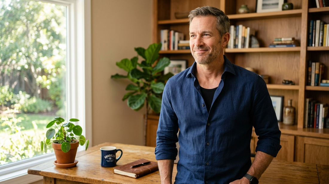 Man 49 wearing dress shirt over compression base layer in warm sunlit home office