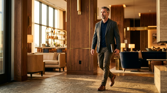 Confident man over 40 walking through a warm-lit hotel lobby with upright posture and forward gaze