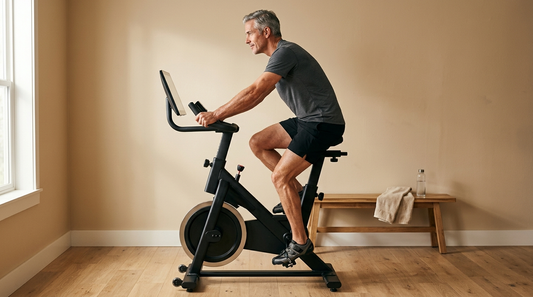 Fit man in his 50s on a stationary bike doing Zone 2 cardio to burn belly fat