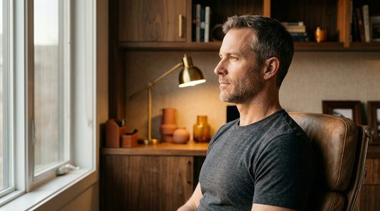 Man in his 40s with restored posture at a warm wood-toned home office window, soft morning light, calm composed expression — the visible signature of a man who fixed the hardware.