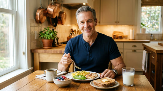A confident, fit man in his early 50s eating a high-protein breakfast in a sunlit suburban kitchen — eggs, avocado, grilled chicken, Greek yogurt with berries, and milk