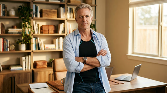 Confident man 50+ in VitaBoost compression tank under open blue dress shirt in warm home office