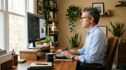 Man in his late 40s sitting upright at a home office desk with monitor raised to eye level — fixing desk hunch posture