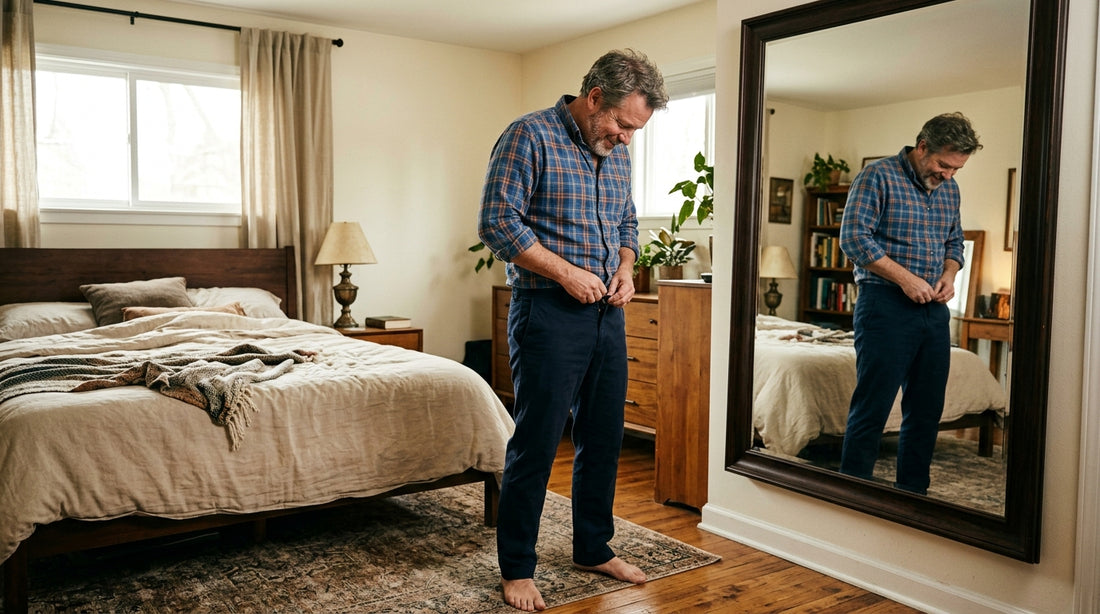 Man around 50 standing at bedroom mirror struggling to button his chinos at the waist — honest editorial shot illustrating why pants don't fit after 45 for men
