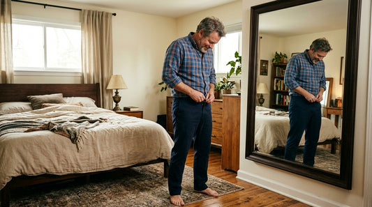 Man around 50 standing at bedroom mirror struggling to button his chinos at the waist — honest editorial shot illustrating why pants don't fit after 45 for men
