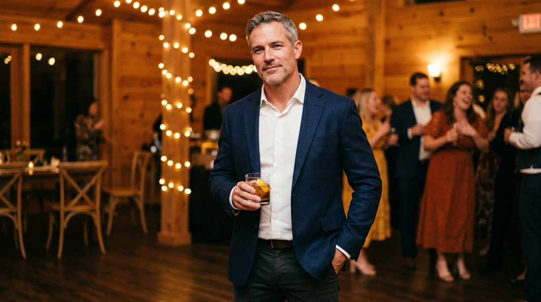 Confident American man in his late 40s at a wedding reception — navy blazer, white shirt, glass in hand, shoulders rolled back, chin out and down, photographed at chest height for a strong-looking frame