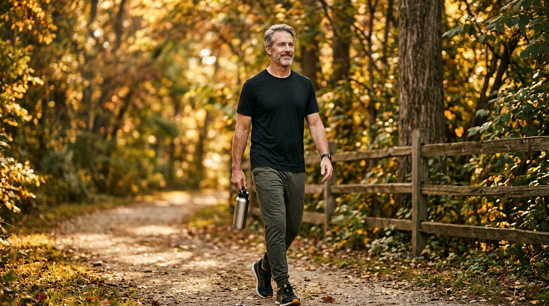 52-year-old man on a tree-lined morning recovery walk holding a steel water bottle, post-workout active recovery setting with warm autumn light