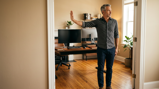 Man 48 doing a doorway chest opener stretch beside his home-office desk — the first move of the 5-minute desk posture reset stack.