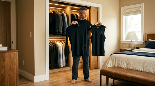 Man 48 holding compression shirt and compression tank top side by side in front of an open closet — morning decision for men 40+