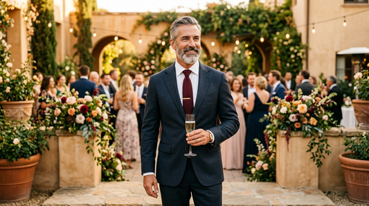 Confident man over 50 in tailored navy suit at outdoor garden wedding cocktail hour, holding champagne flute with relaxed presence