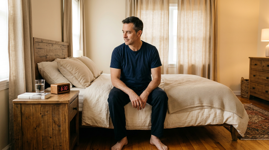 Man 48 sitting at edge of bed early morning in warm beige bedroom — Maynox sleep schedule for men over 45