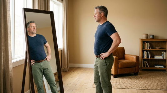 48-year-old man in front of standing mirror assessing love handles in warm beige living room