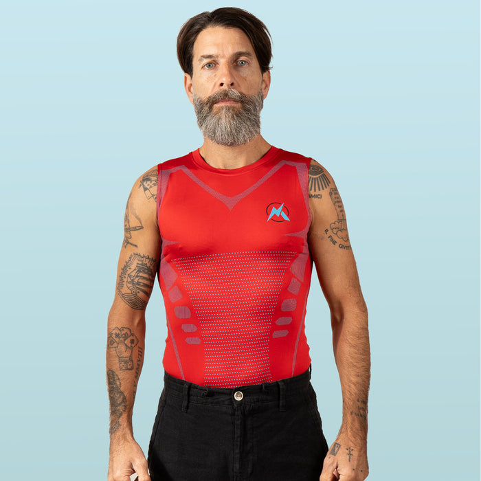 Man wearing the red VitaBoost compression tank