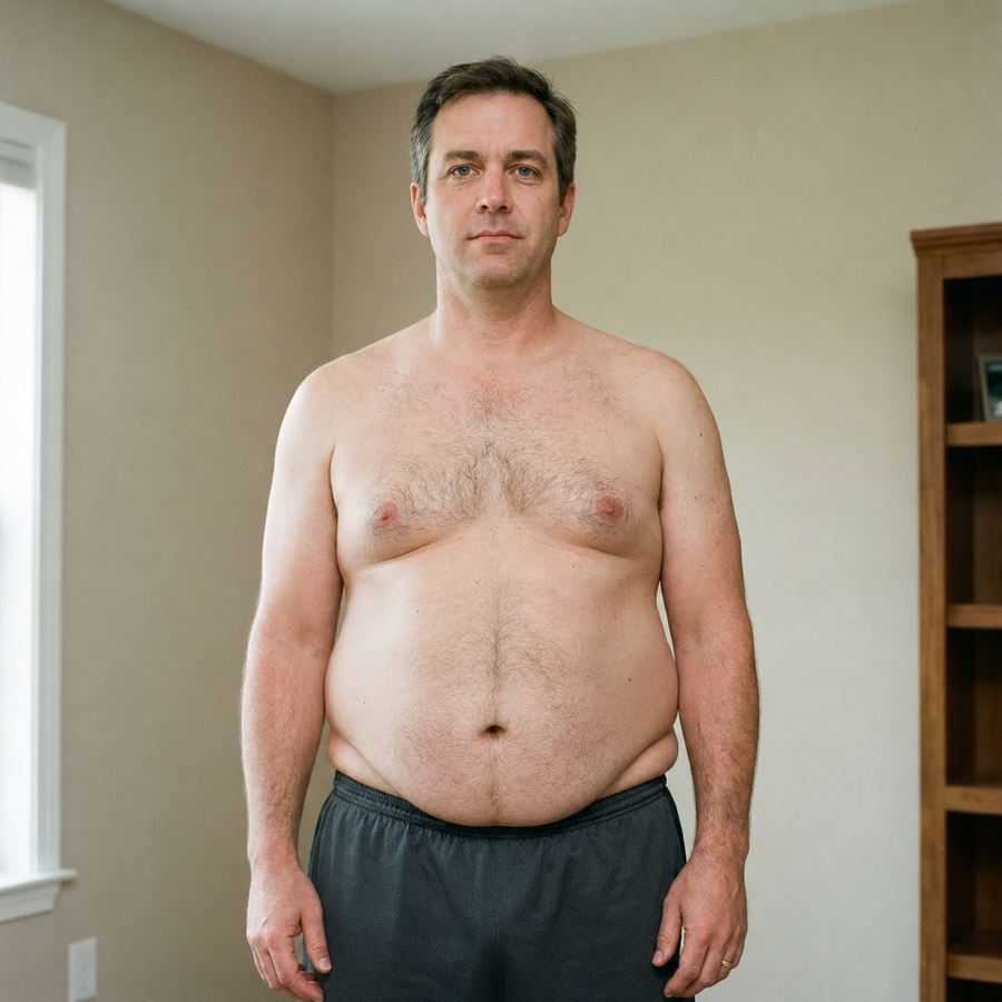 Man before wearing VitaBoost, rounded midsection