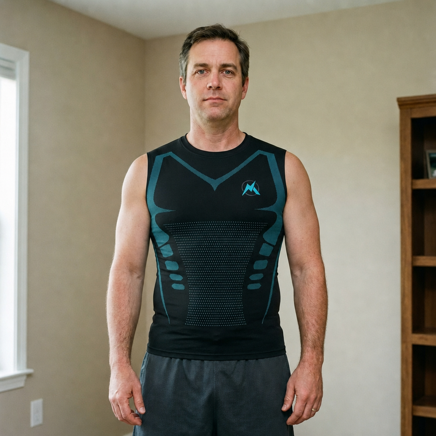Same man after putting on the VitaBoost compression tank, flat firm torso